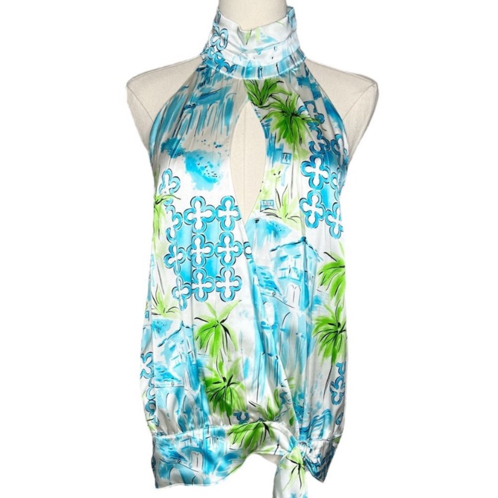 Lilly Pulitzer silk Blue Belle Antoinette halter top, tropical print size 2